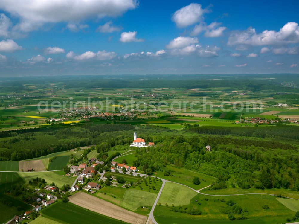 Offingen from above - Mountain Bussen with ther pilgrimage church in Offingen in the state Baden-Wuerttemberg, Germany