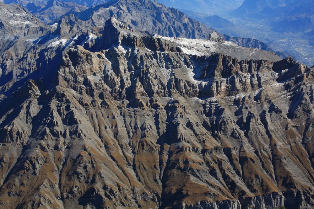 Aerial photograph Lavey-Morcles - Rocky and mountainous landscape with summit Dent de Morcles in the Swiss Alps in Lavey-Morcles in the canton Vaud, Switzerland
