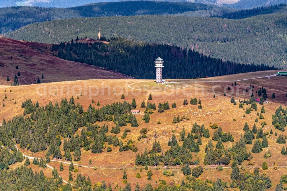 Feldberg (Schwarzwald) from above - Rocky and mountainous landscape of Felberg with dem alten Feldbergturm in Herbst in Feldberg (Schwarzwald) in the state Baden-Wurttemberg, Germany
