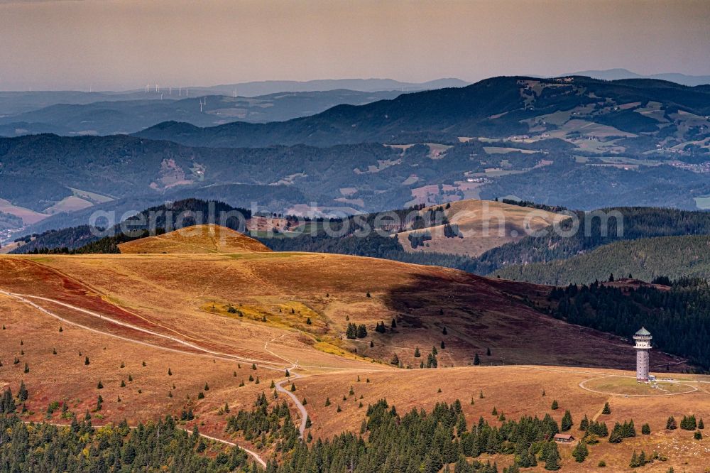 Aerial photograph Feldberg (Schwarzwald) - Rocky and mountainous landscape of Felberg with dem alten Feldbergturm in Herbst in Feldberg (Schwarzwald) in the state Baden-Wurttemberg, Germany