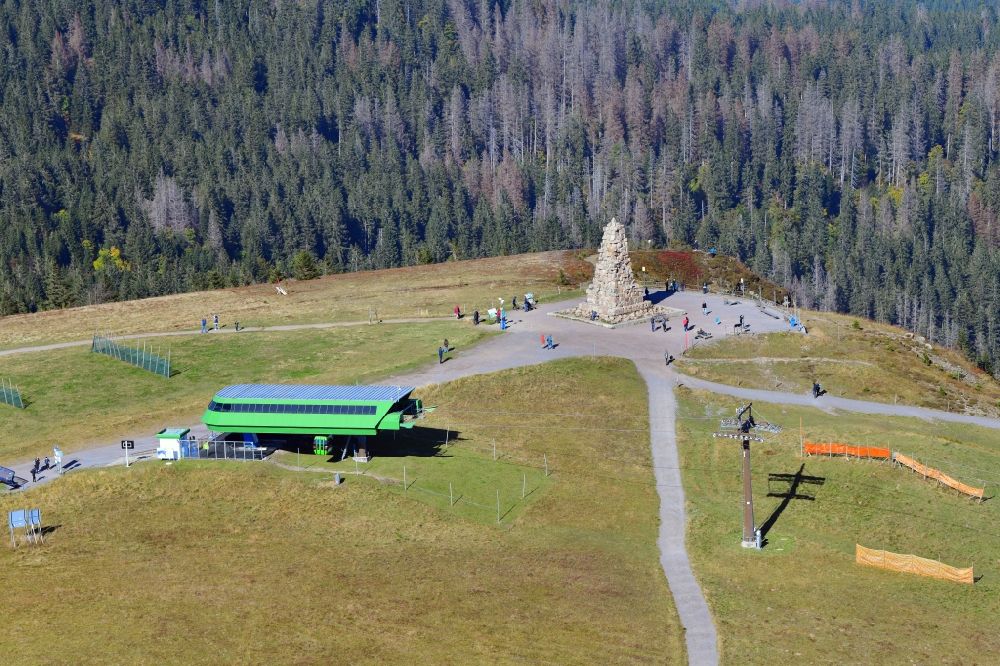 Aerial image Feldberg (Schwarzwald) - Mountainous landscape of Feldberg in the Black Forest in Feldberg (Schwarzwald) in the state Baden-Wuerttemberg. Bismarck-Monument and top station of the Seebuck chairlift