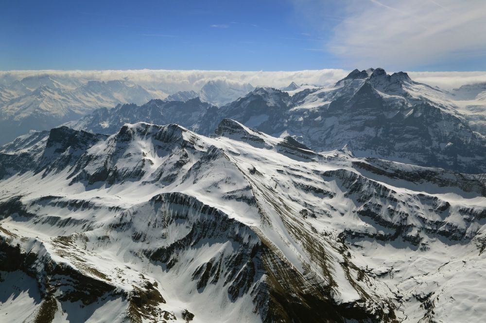 Aerial image Brienz - Summit and mountain landscape of the area Axalp Ebenfluh and view to the Wetterhorn in the Swiss Alps, Switzerland