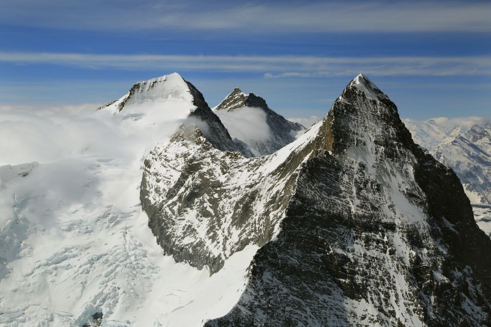 Aerial image Grindelwald - Summits and mountain landscape of Eiger, Moench and Jungfrau in Grindelwald in Bern, Switzerland