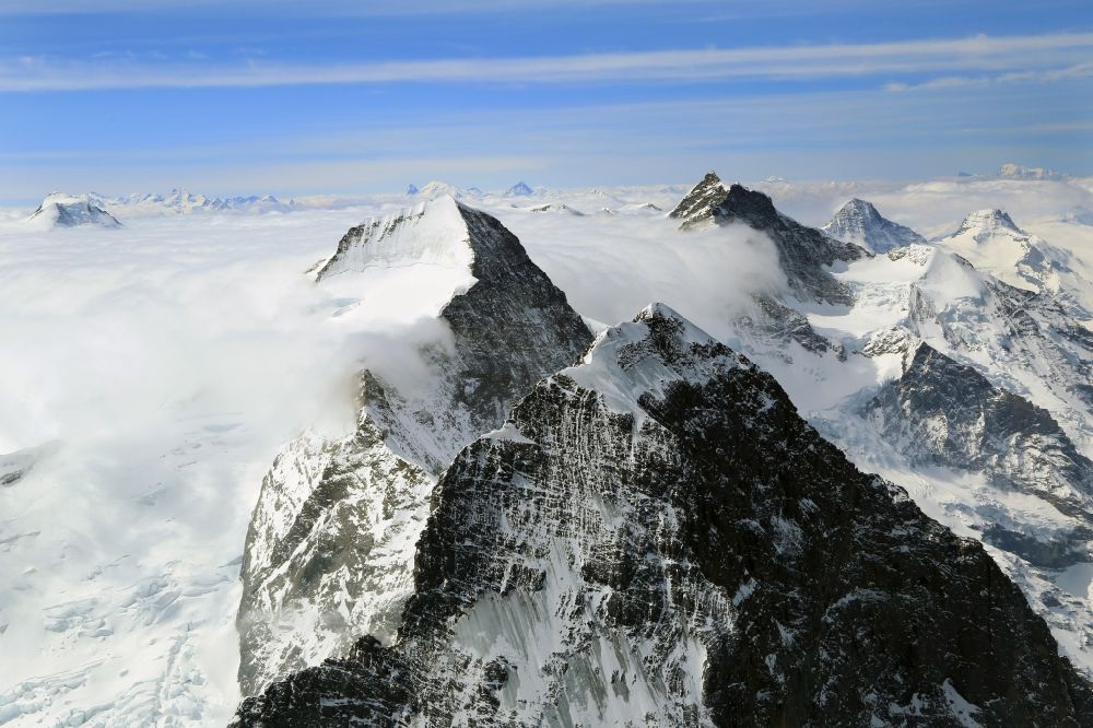 Grindelwald from above - Summits and mountain landscape of Eiger, Moench and Jungfrau in Grindelwald in Bern, Switzerland