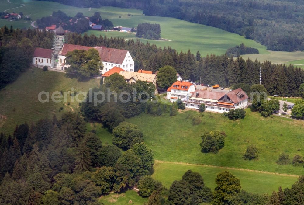 Aerial image Hohenpeißenberg - Summit of the Hohe Peissenberg near Hohenpeissenberg in the state of Bavaria. In the picture, the pilgrimage church of the Ascension of the Virgin Mary, Sendemast of the radio station and the meteorological observatory, the oldest mountain weather reserve in the world