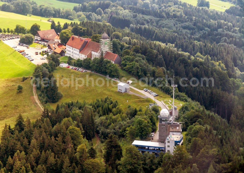 Hohenpeißenberg from the bird's eye view: Summit of the Hohe Peissenberg near Hohenpeissenberg in the state of Bavaria. In the picture, the pilgrimage church of the Ascension of the Virgin Mary, Sendemast of the radio station and the meteorological observatory, the oldest mountain weather reserve in the world