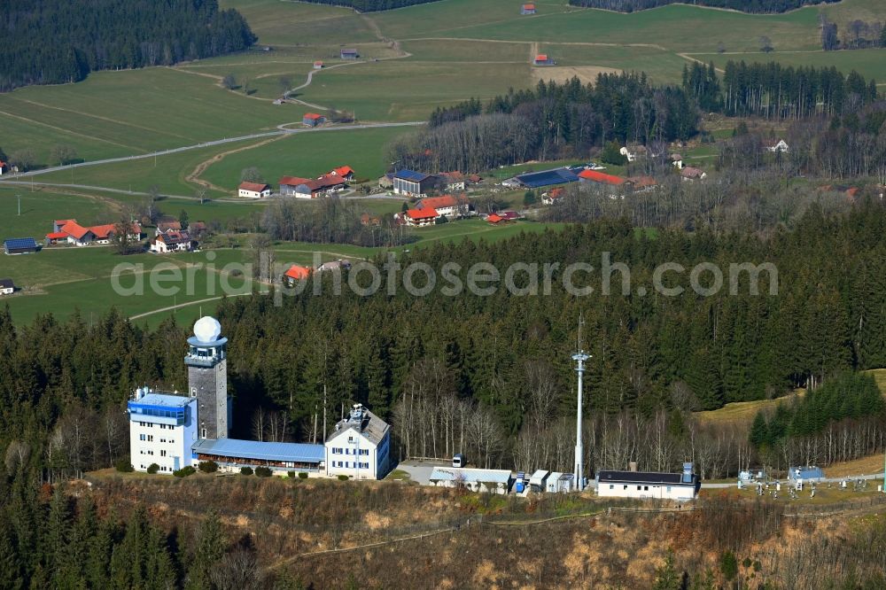 Aerial image Hohenpeißenberg - Summit of the Hohe Peissenberg near Hohenpeissenberg in the state of Bavaria. In the picture the Meteorological Observatory, the oldest mountain weather station in the world