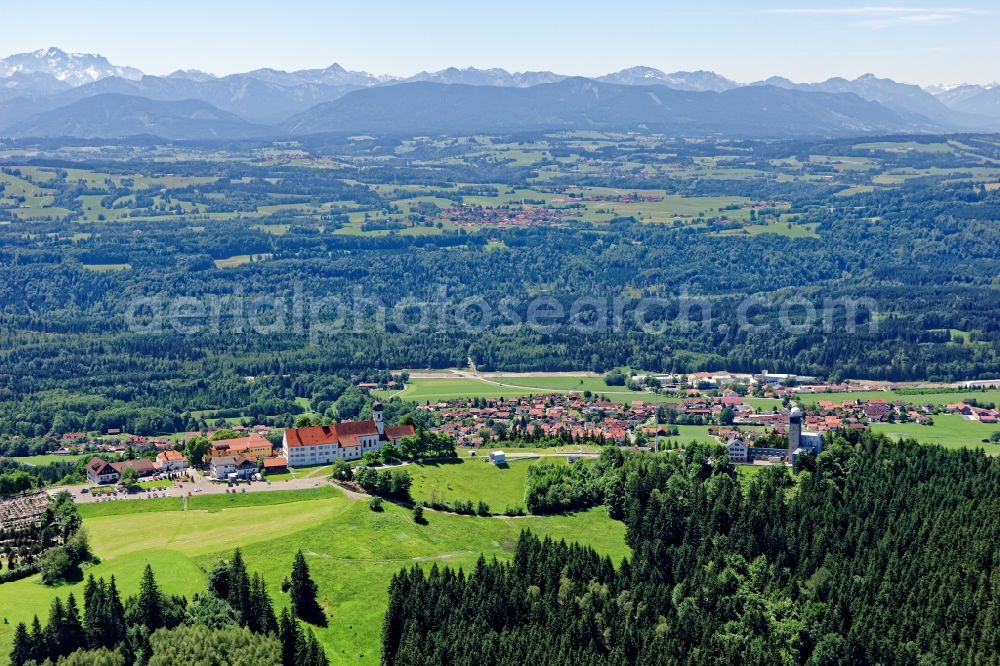 Hohenpeißenberg from above - Summit of the Hohe Peissenberg near Hohenpeissenberg in the state of Bavaria. In the picture, the pilgrimage church of the Ascension of the Virgin Mary, Sendemast of the radio station and the meteorological observatory, the oldest mountain weather reserve in the world