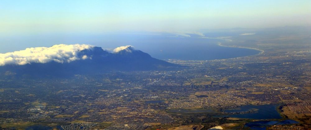 Aerial image Kapstadt - Summit of the cloud covered Tabel Mountain and peak of Lion's Head in Cape Town in Western Cape, South Africa