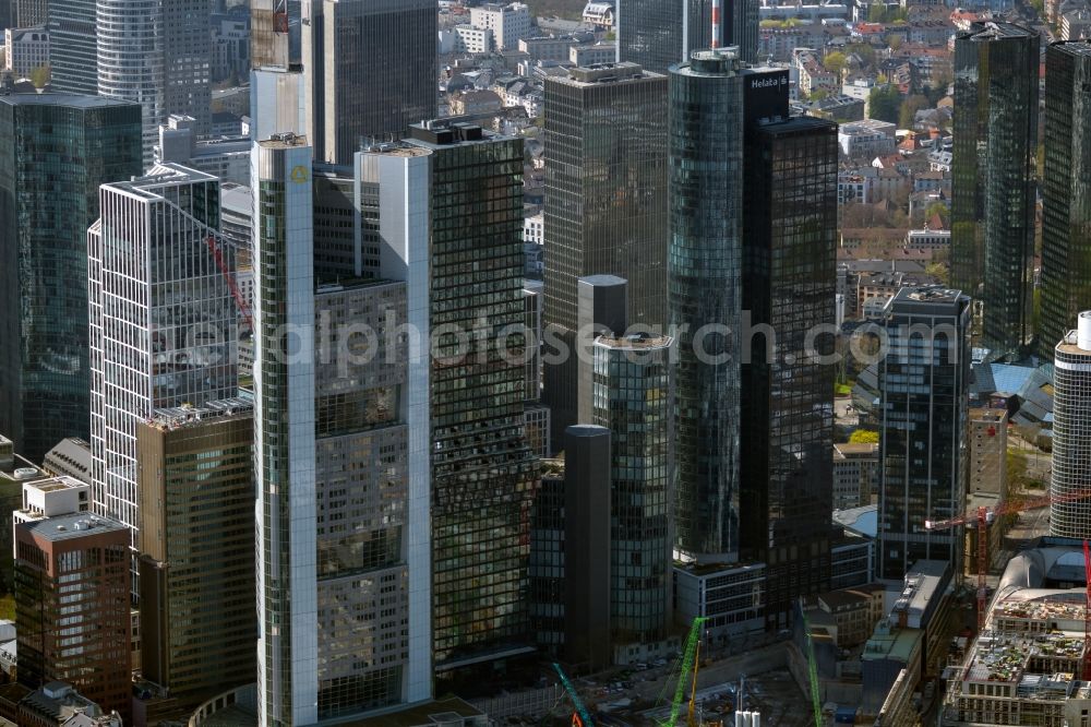 Aerial image Frankfurt am Main - Glass facade surfaces and structures on the high-rise building in the district Innenstadt in Frankfurt in the state Hesse, Germany