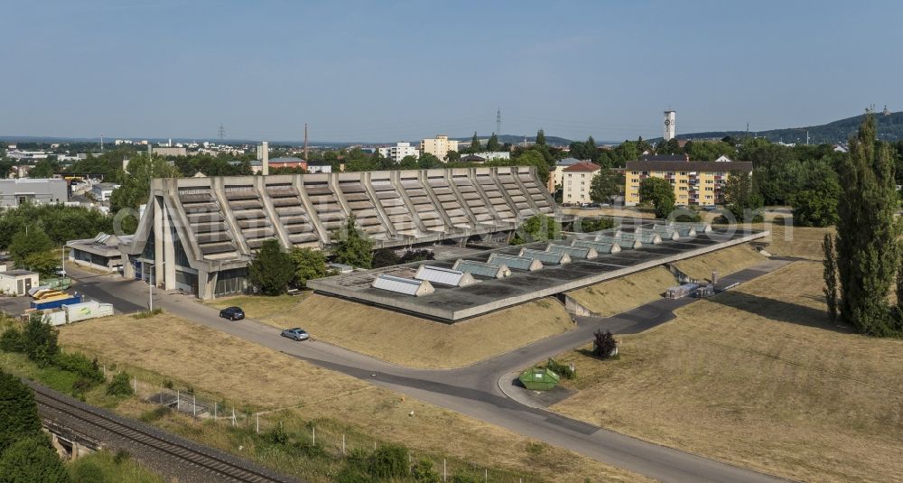 Aerial image Amberg - The Glasfactory or so called Glascathedral in the district Bergsteig in Amberg in the state Bavaria, was the last building planed by famous architect, designer and founder of Bauhaus Walter Gropius