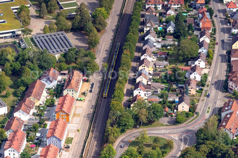Aerial photograph Emmendingen - Ride a train on the track in Emmendingen in the state Baden-Wuerttemberg, Germany