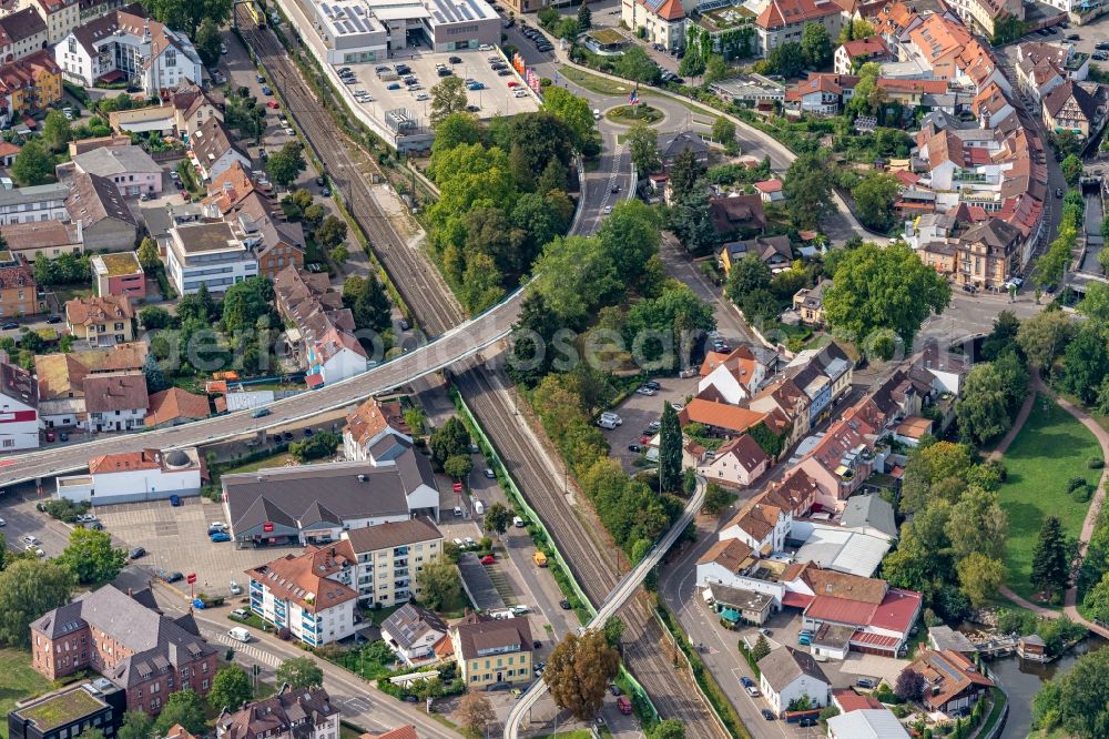 Aerial image Emmendingen - Ride a train on the track in Emmendingen in the state Baden-Wuerttemberg, Germany