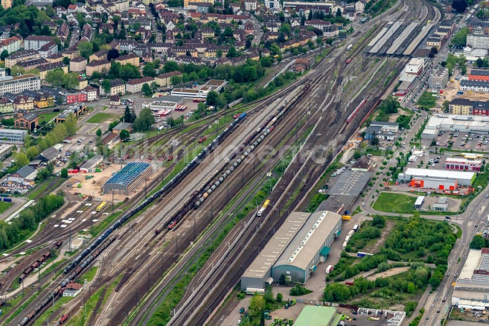 Offenburg from above - Tracks of Abstellgleise and Rongier Anlagen at the depot of the operating plant in Offenburg in the state Baden-Wurttemberg, Germany