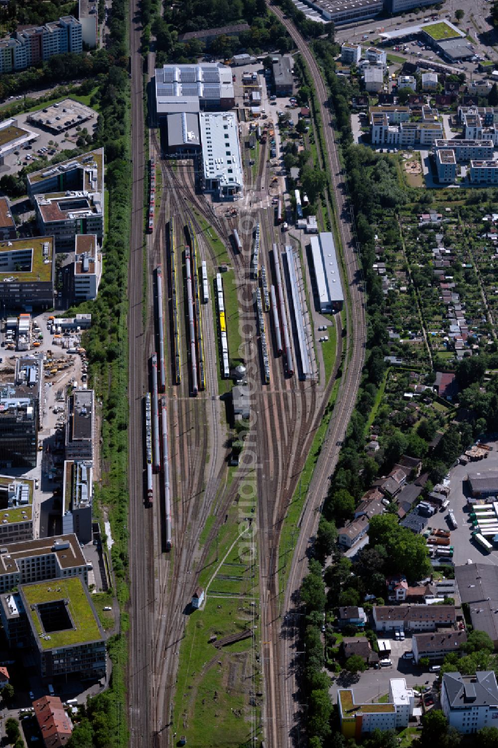 Freiburg im Breisgau from above - Railway track, depot, maintenance and repair shop for trains in the district Wiehre in Freiburg im Breisgau in the state Baden-Wurttemberg, Germany