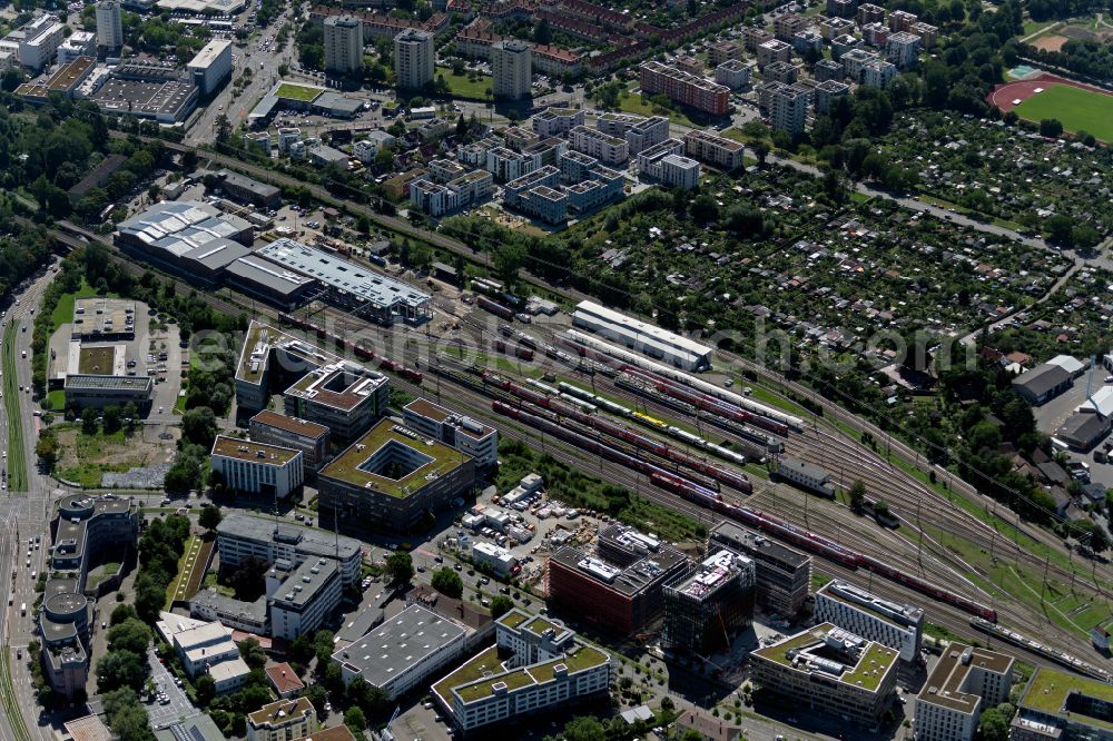 Aerial photograph Freiburg im Breisgau - Railway track, depot, maintenance and repair shop for trains in the district Wiehre in Freiburg im Breisgau in the state Baden-Wurttemberg, Germany