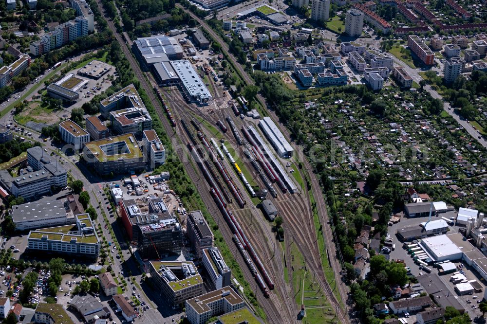 Freiburg im Breisgau from above - Railway track, depot, maintenance and repair shop for trains in the district Wiehre in Freiburg im Breisgau in the state Baden-Wurttemberg, Germany