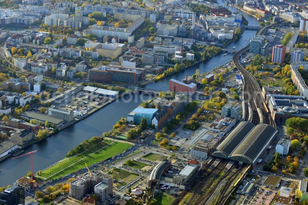 Aerial image Berlin Friedrichshain - The Berlin train- station Ostbahnhof in Berlin-Friedrichshain. It is the third biggest station in Berlin