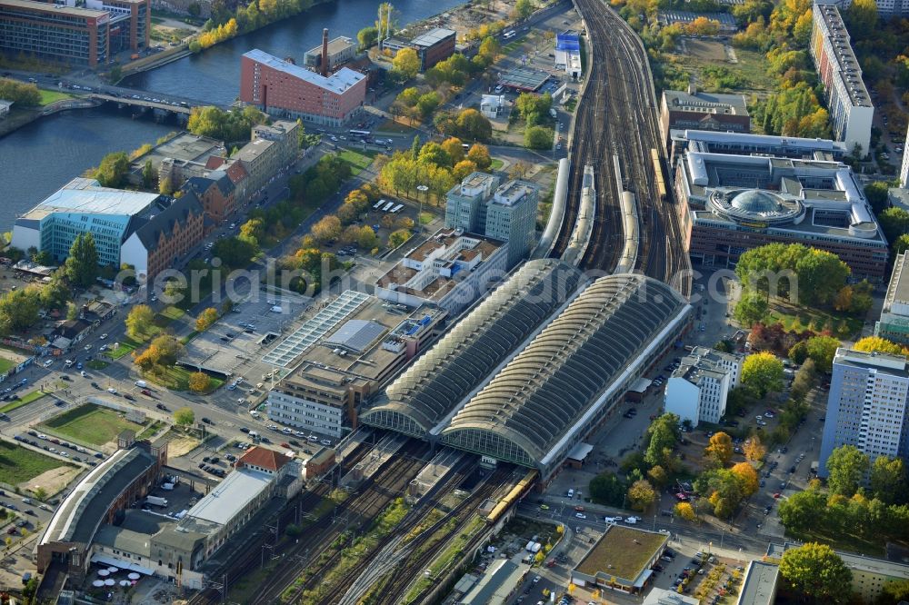 Aerial photograph Berlin Friedrichshain - The Berlin train- station Ostbahnhof in Berlin-Friedrichshain. It is the third biggest station in Berlin
