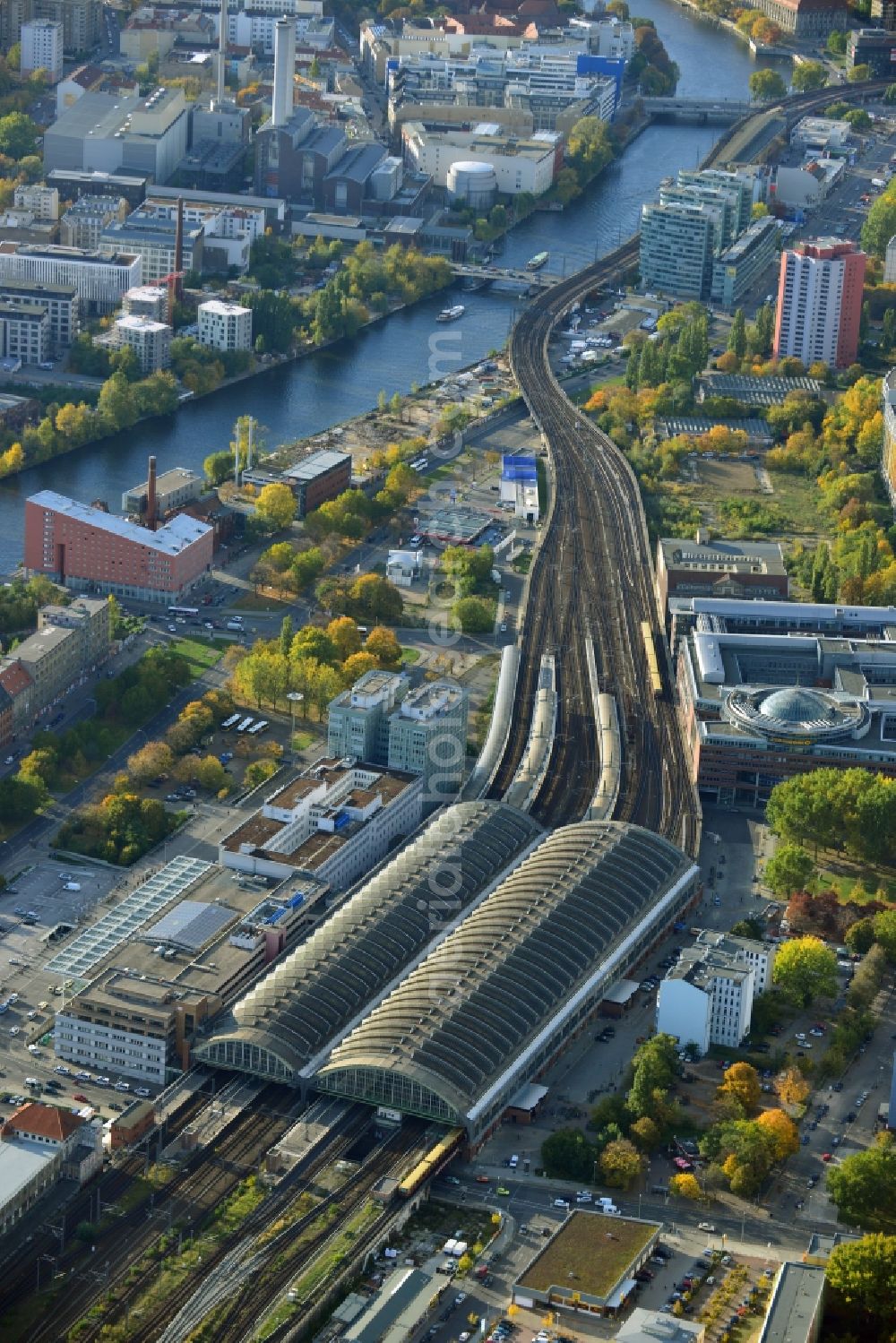 Berlin Friedrichshain from above - The Berlin train- station Ostbahnhof in Berlin-Friedrichshain. It is the third biggest station in Berlin