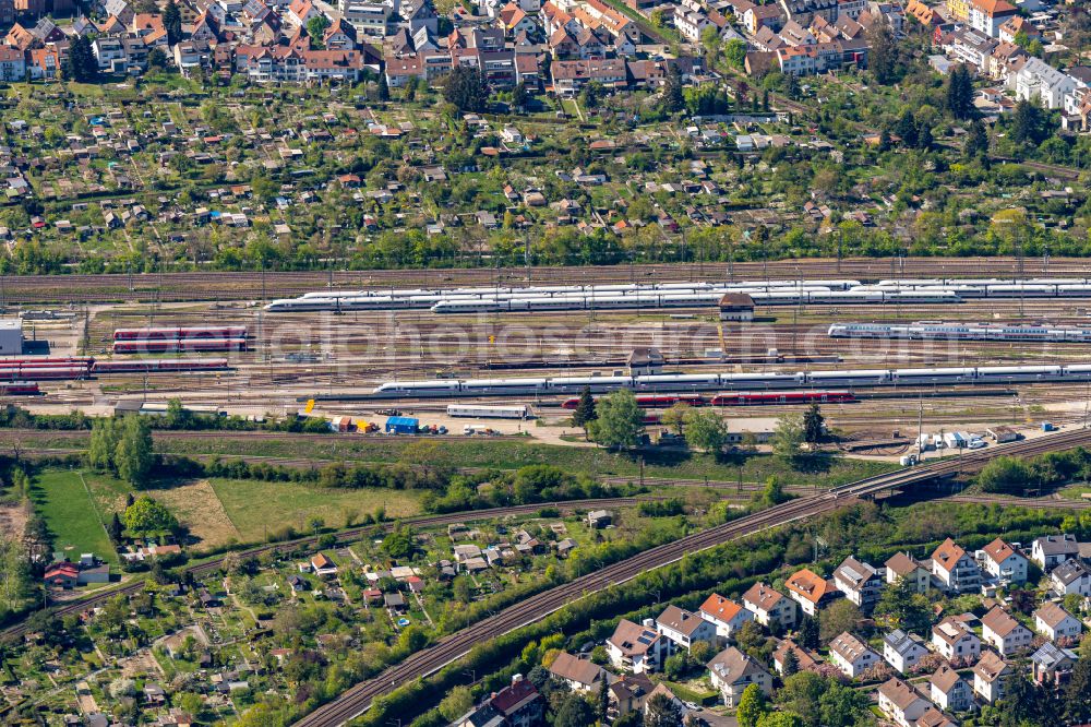 Aerial image Karlsruhe - Tracks of beim Central Station at the depot of the operating plant in Karlsruhe in the state Baden-Wurttemberg, Germany