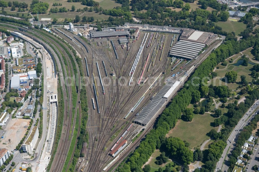 Aerial photograph Stuttgart - Tracks of Deutschen Bahn AG at the depot of the operating plant in Stuttgart in the state Baden-Wurttemberg, Germany