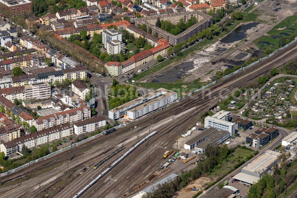Karlsruhe from above - Marshalling yard and freight station of the Deutsche Bahn in the district Suedstadt in Karlsruhe in the state Baden-Wurttemberg, Germany