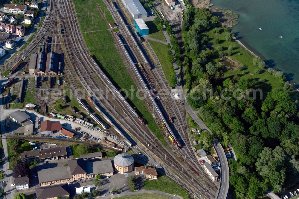 Aerial image Romanshorn - Track systems of the SBB Romanshorn with maintenance, Locorama Eisenbahn Erlebniswelt and Autobau Erlebniswelt in Romanshorn in the canton of Thurgau, Switzerland