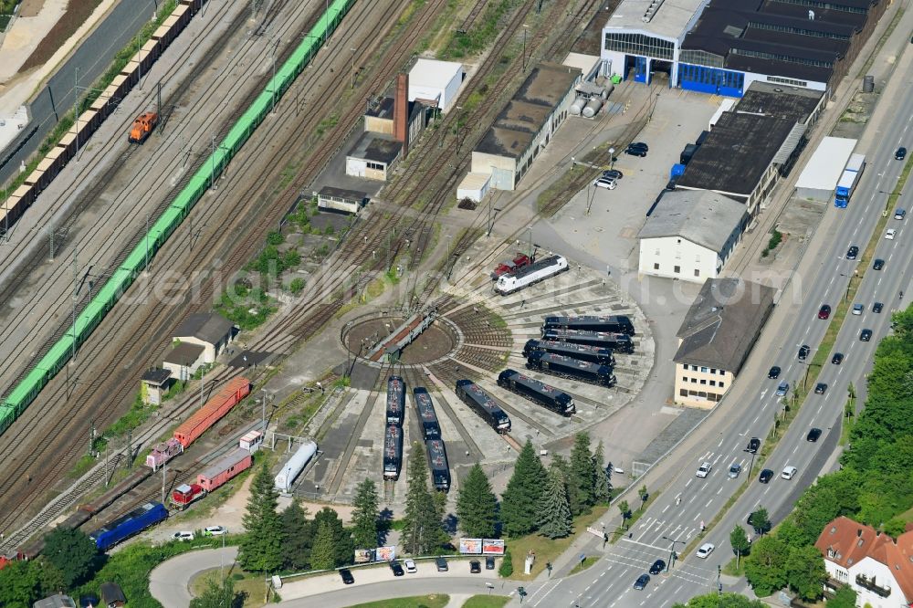 Regensburg from above - Tracks on Kirchmeierstrasse at the depot of the operating plant in Regensburg in the state Bavaria, Germany
