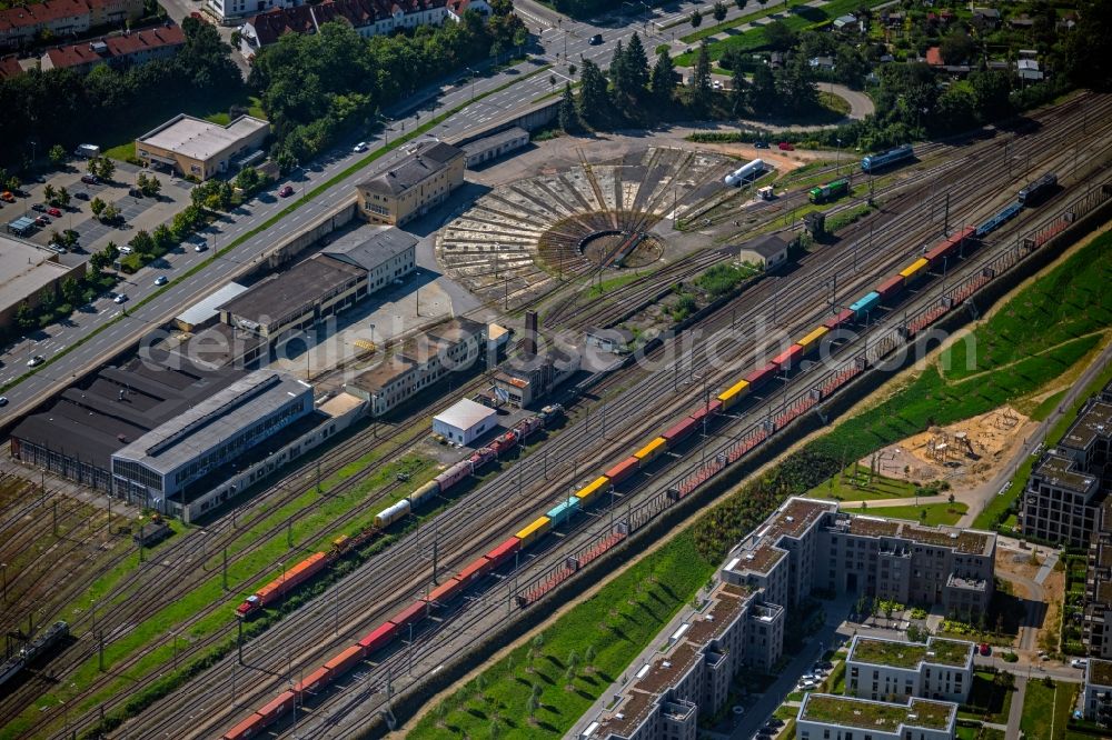 Aerial photograph Regensburg - Tracks on Kirchmeierstrasse at the depot of the operating plant in Regensburg in the state Bavaria, Germany