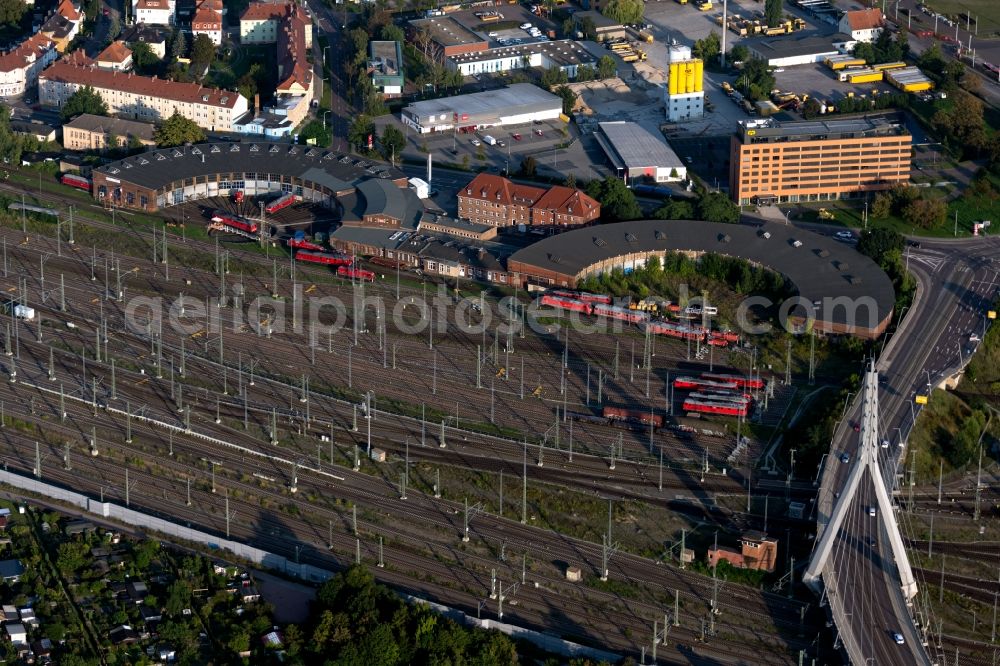 Halle (Saale) from above - Trackage and rail routes on the roundhouse - locomotive hall of the railway operations work in Halle (Saale) in the state Saxony-Anhalt, Germany