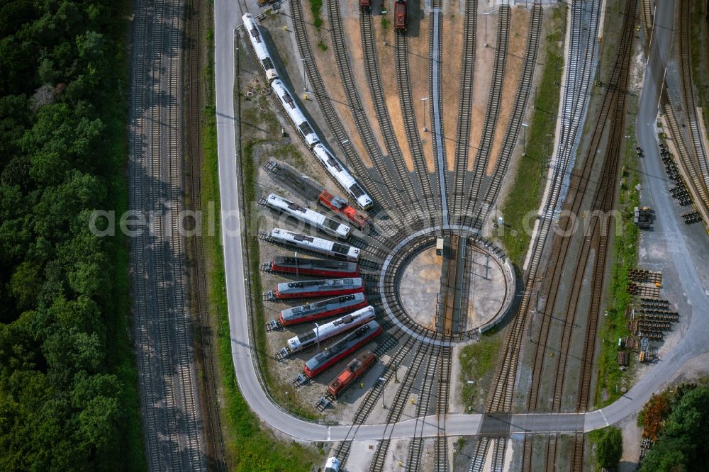 Nürnberg from above - Trackage and rail routes on the roundhouse - locomotive hall of the railway operations work in the district Rangierbahnhof in Nuremberg in the state Bavaria, Germany