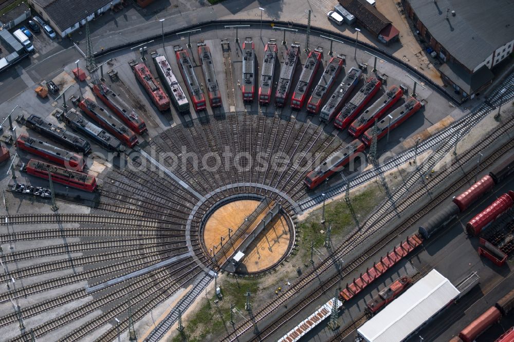Nürnberg from above - Trackage and rail routes on the roundhouse - locomotive hall of the railway operations work in the district Rangierbahnhof in Nuremberg in the state Bavaria, Germany