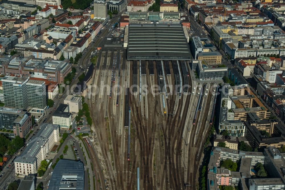 München from the bird's eye view: View of the tracks and rails at the train station building of the main station of Munich in Bavaria