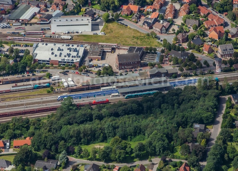Niebüll from above - Track layout and railway operations building in Niebuell in the state Schleswig-Holstein, Germany