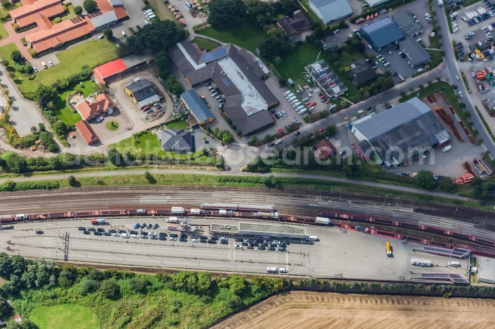 Niebüll from above - Track layout and railway operations building in Niebuell in the state Schleswig-Holstein, Germany