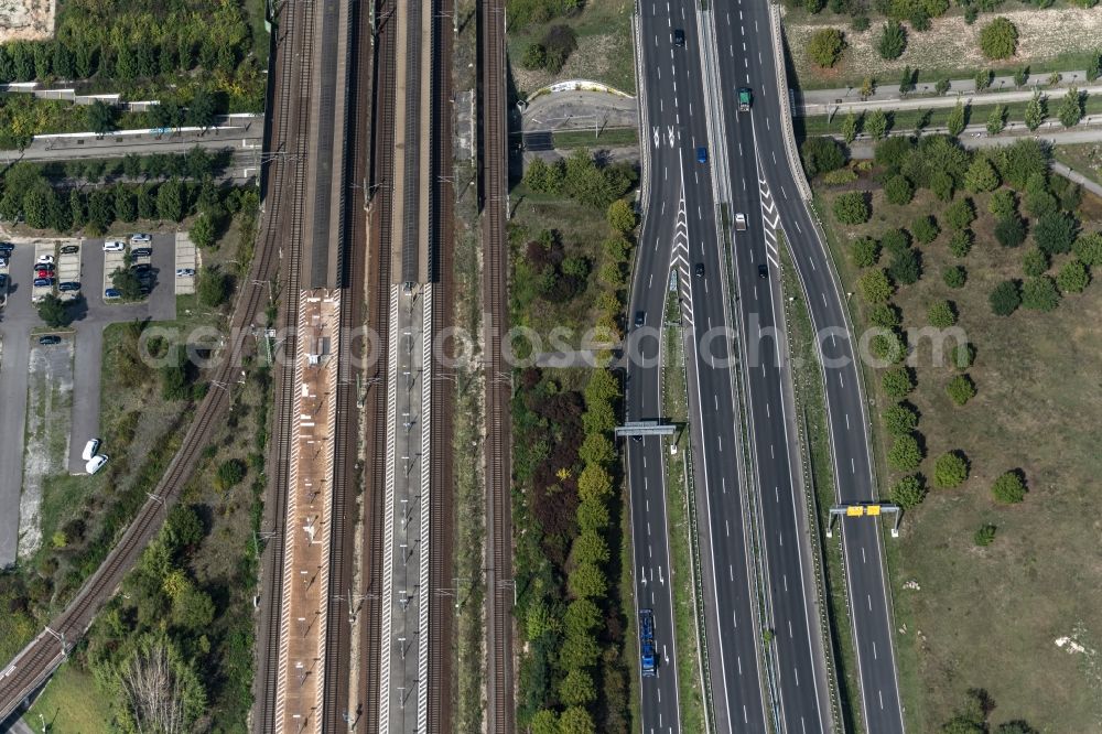 Aerial image Leipzig - Railway track and station building of the Deutsche Bahn at the station Leipzig, Messe in Leipzig in the federal state of Saxony, Germany