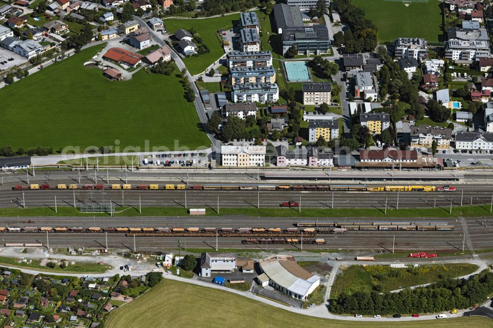 Aerial image Saalfelden am Steinernen Meer - Train station railway building in Saalfelden am Steinernen Meer in Salzburg, Austria