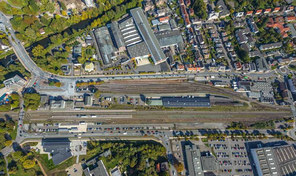 Arnsberg from the bird's eye view: Track layout and station building of Neheim-Huesten station in Arnsberg in the state of North Rhine-Westphalia, Germany