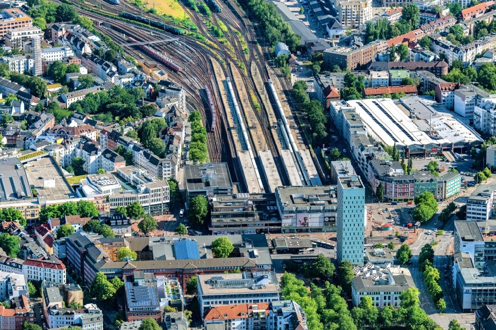 Hamburg from above - Station railway building of the Deutsche Bahn in Hamburg, Germany