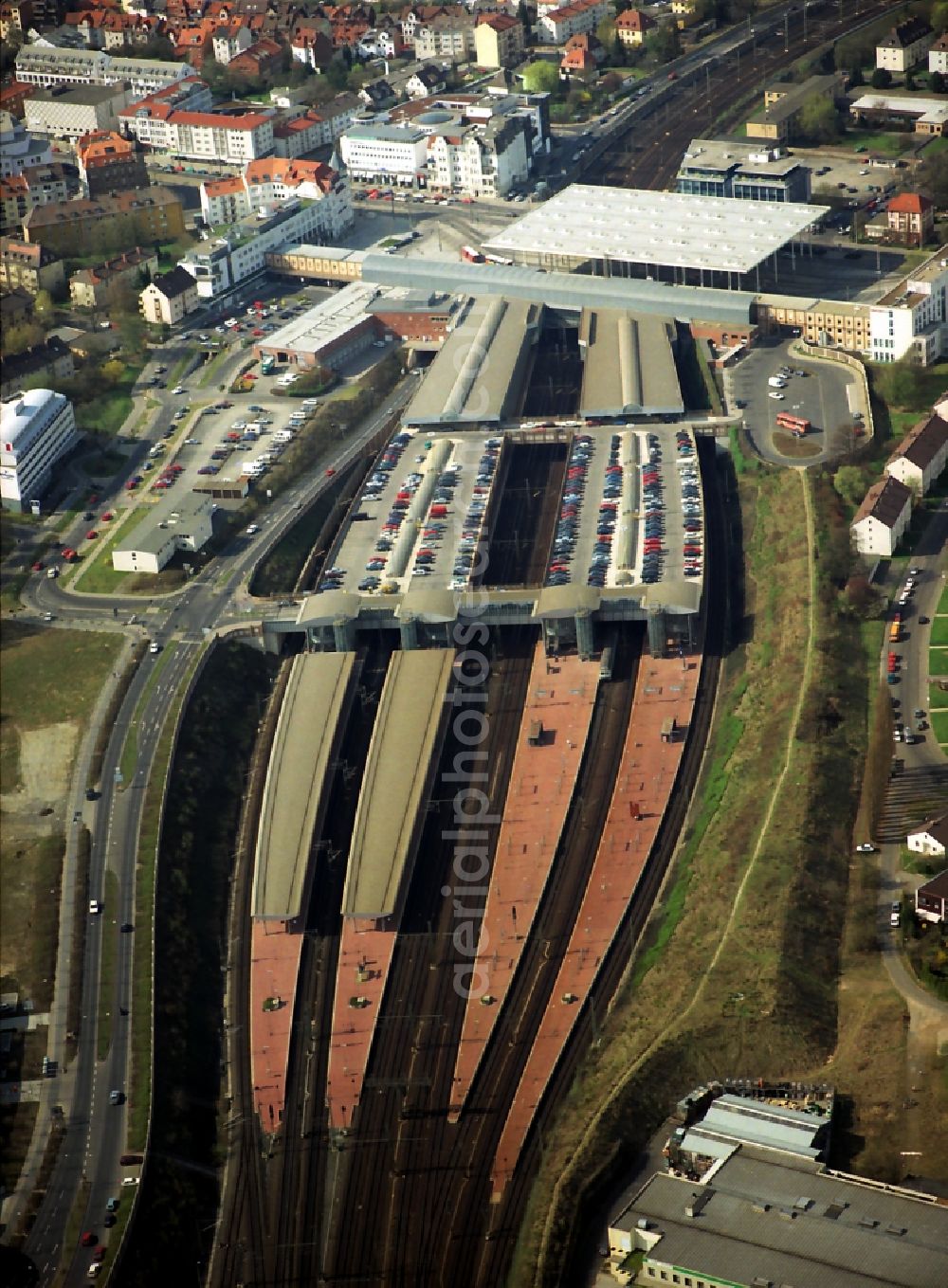 Kassel from above - Station railway building of the Deutsche Bahn in Kassel in the state Hesse, Germany