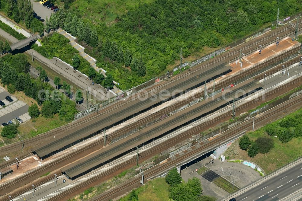 Leipzig from above - Railway track and station building of the Deutsche Bahn at the station Leipzig, Messe in Leipzig in the federal state of Saxony, Germany
