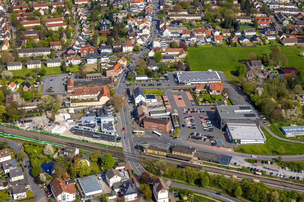 Bönen from above - Station railway building of the Deutsche Bahn in Boenen in the state North Rhine-Westphalia, Germany