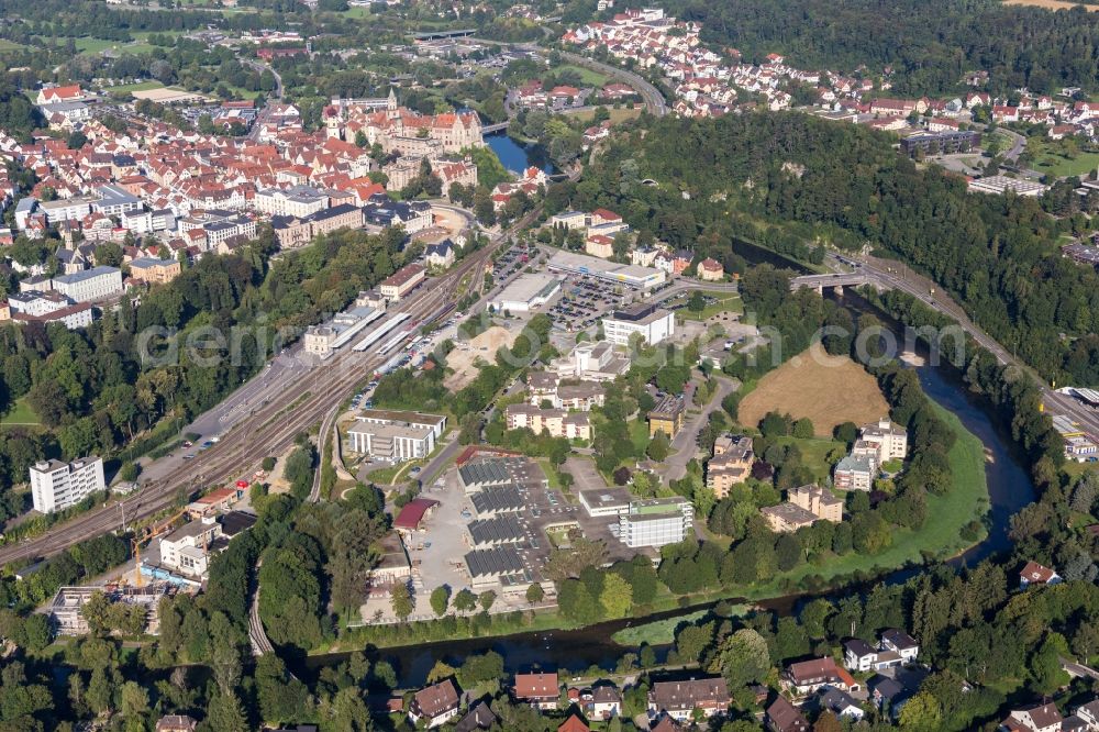 Sigmaringen from above - Station railway building of the Deutsche Bahn on a loop of the Danube in Sigmaringen in the state Baden-Wurttemberg, Germany