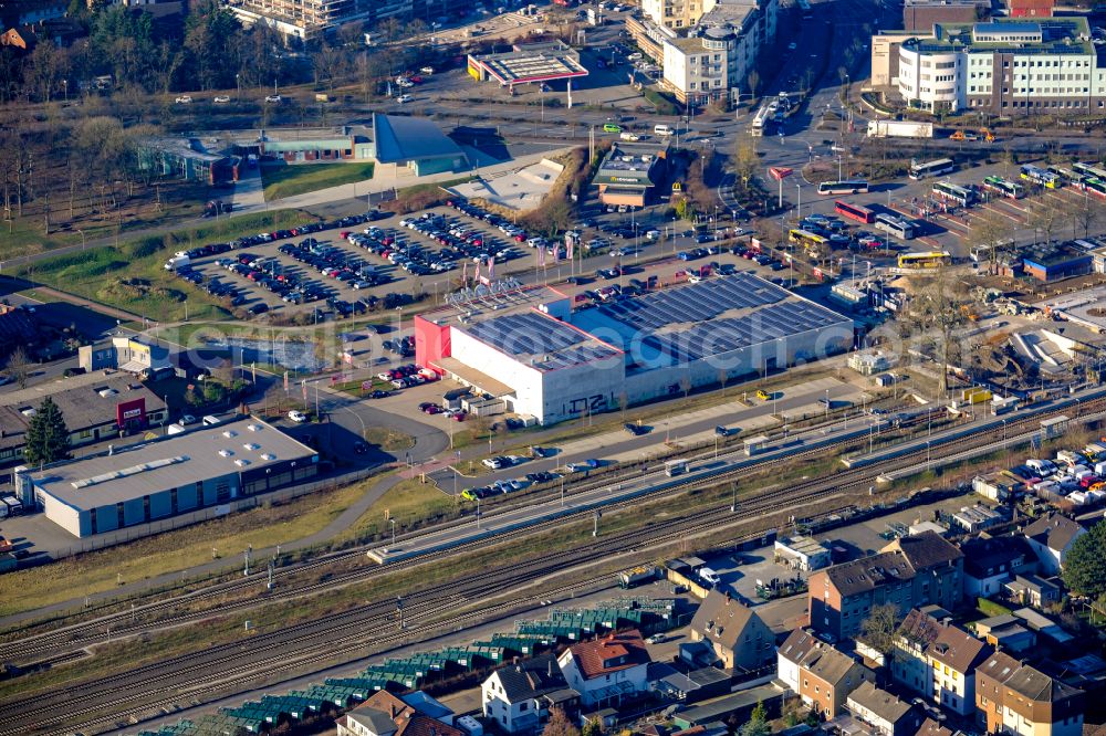 Aerial photograph Dorsten - Station railway building of the Deutsche Bahn in Dorsten in the state North Rhine-Westphalia, Germany