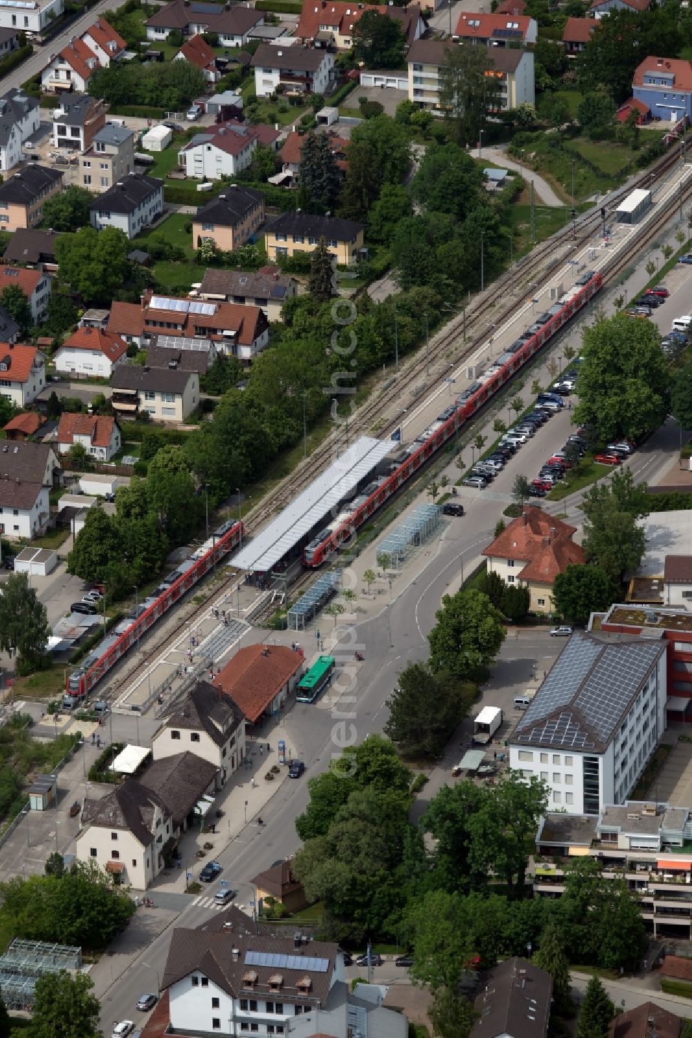 Herrsching am Ammersee from above - Station railway building of the Deutsche Bahn in the district Lochschwab in Herrsching am Ammersee in the state Bavaria, Germany