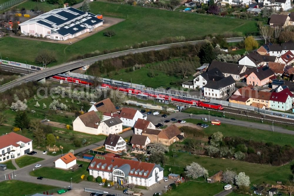 Ringsheim from above - Station railway building of the Deutsche Bahn in Ringsheim in the state Baden-Wurttemberg, Germany