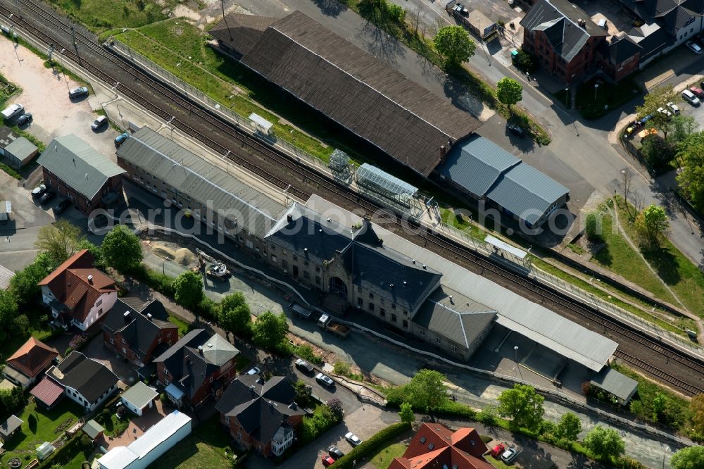 Suhl from above - Station railway building of the Deutsche Bahn in Suhl in the state Thuringia, Germany