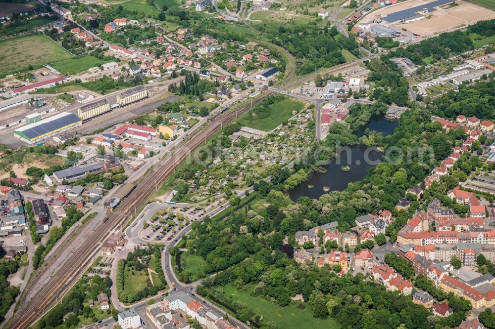 Aerial image Torgau - Station railway building of the Deutsche Bahn in Torgau in the state Saxony, Germany
