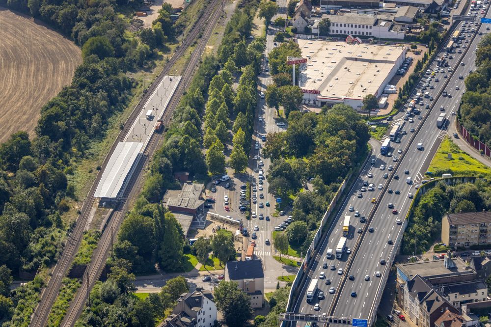 Aerial photograph Bochum - Station railway building of the Deutsche Bahn in Wattenscheid in the state North Rhine-Westphalia, Germany